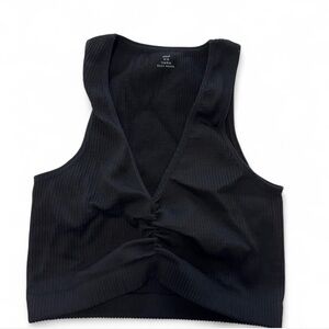 aerie Black Ribbed V-Neck Ruched Crop Tank